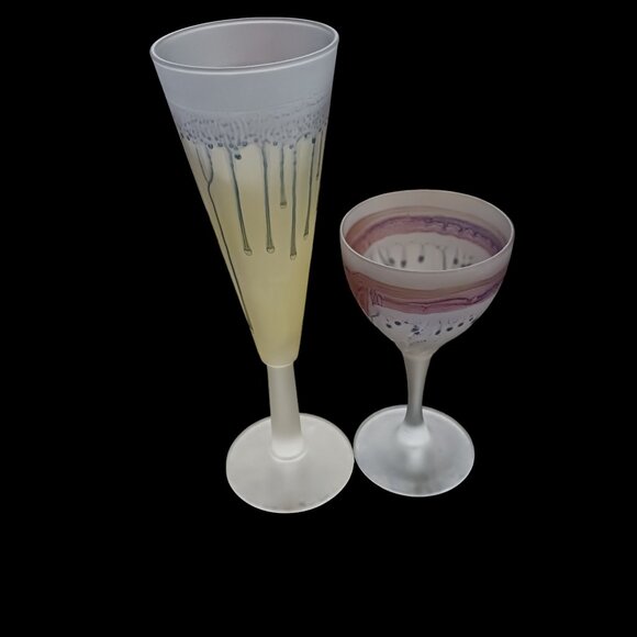 Vintage Hebro  Art Nouveau Drip Glaze Frosted Wine Glasses – Two Pieces - Picture 2 of 12